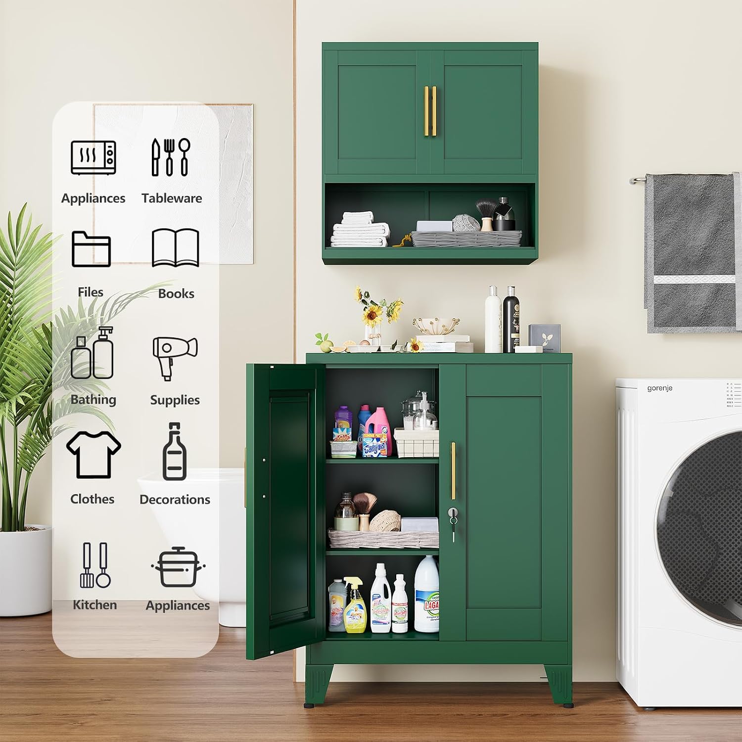 GAIOUS 36" Tall Metal Storage Cabinet with Lock, File Cabinet with 2 Doors and 2 Adjustable Shelves, Green Bathroom Floor Storage Cabinets, Freestanding Small Locked Cabinets for Home/Office/Garage