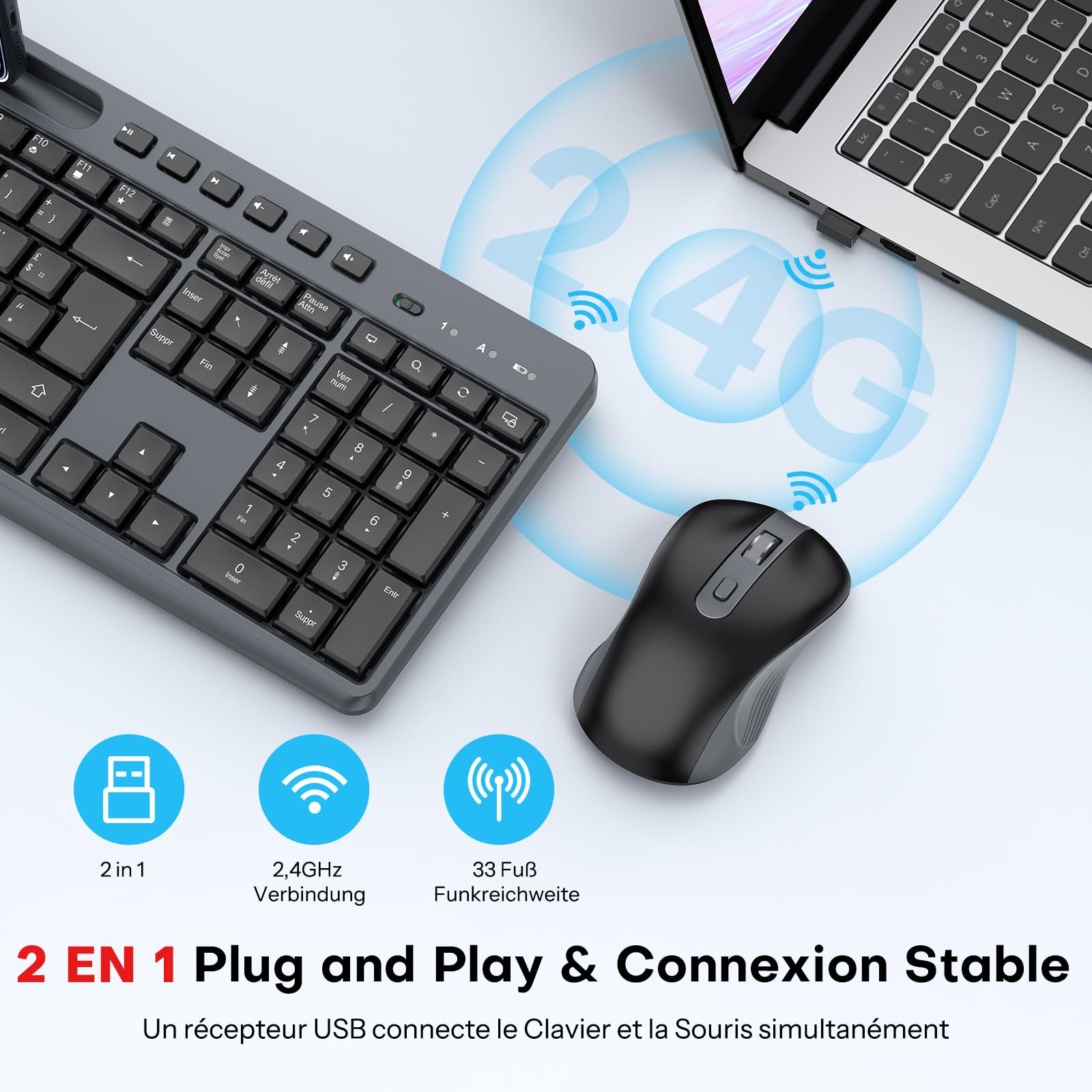 Ensemble Clavier et Souris sans Fil OMOTON, 2,4 GHz AZERTY, Noir-Gris | Support pour téléphone intégré, Silencieux, Ergonomique, 3 DPI, Voyant d'alimentation, pour Windows/Linux/PC, Bureau, études