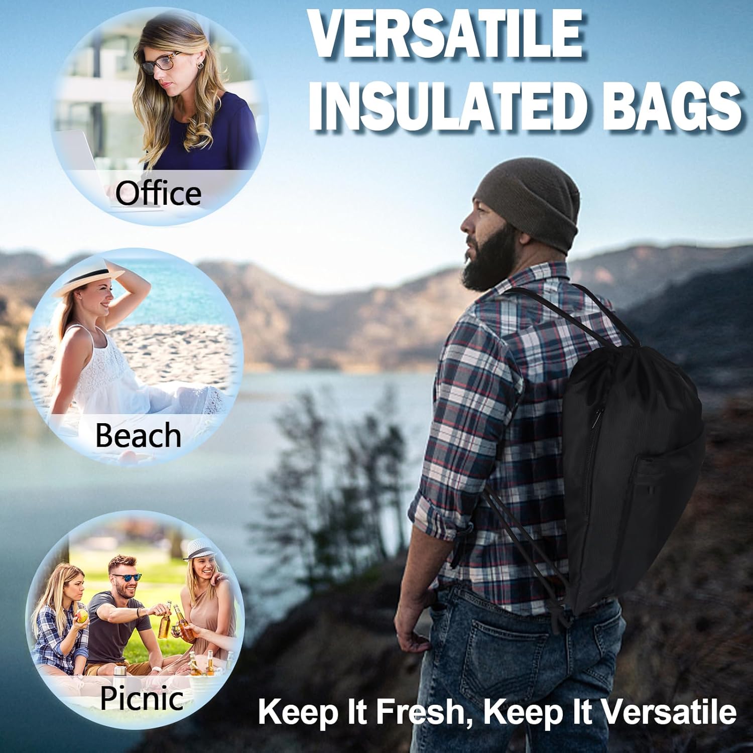 Moyad Insulated Lunch Bag Lightweight Cooler Backpack Lunch Organizer with Drawstring Closure and 3 Pockets for Men and Women, Perfect for Hiking, Park, Work, Black