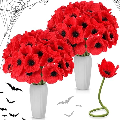 Censen 84 piezas de flores artificiales de amapola roja de poliuretano realistas de seda de 11 pulgadas, tallos de amapola y anémona, flores falsas,