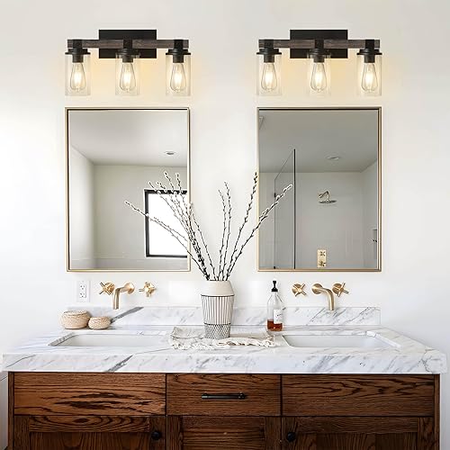 Miniatura 2 de Lámparas de tocador de baño, luces de madera de granja para baño, apliques rústicos vintage, iluminación de pared, 3 luces, industrial negro mate,