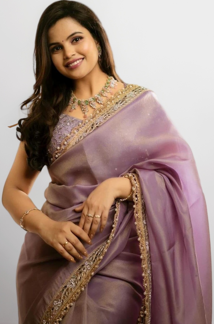 MUNIR Women's Silver Tissue Silk Ethnic Saree With Unstiched Blouse Piece For Festival And Function.