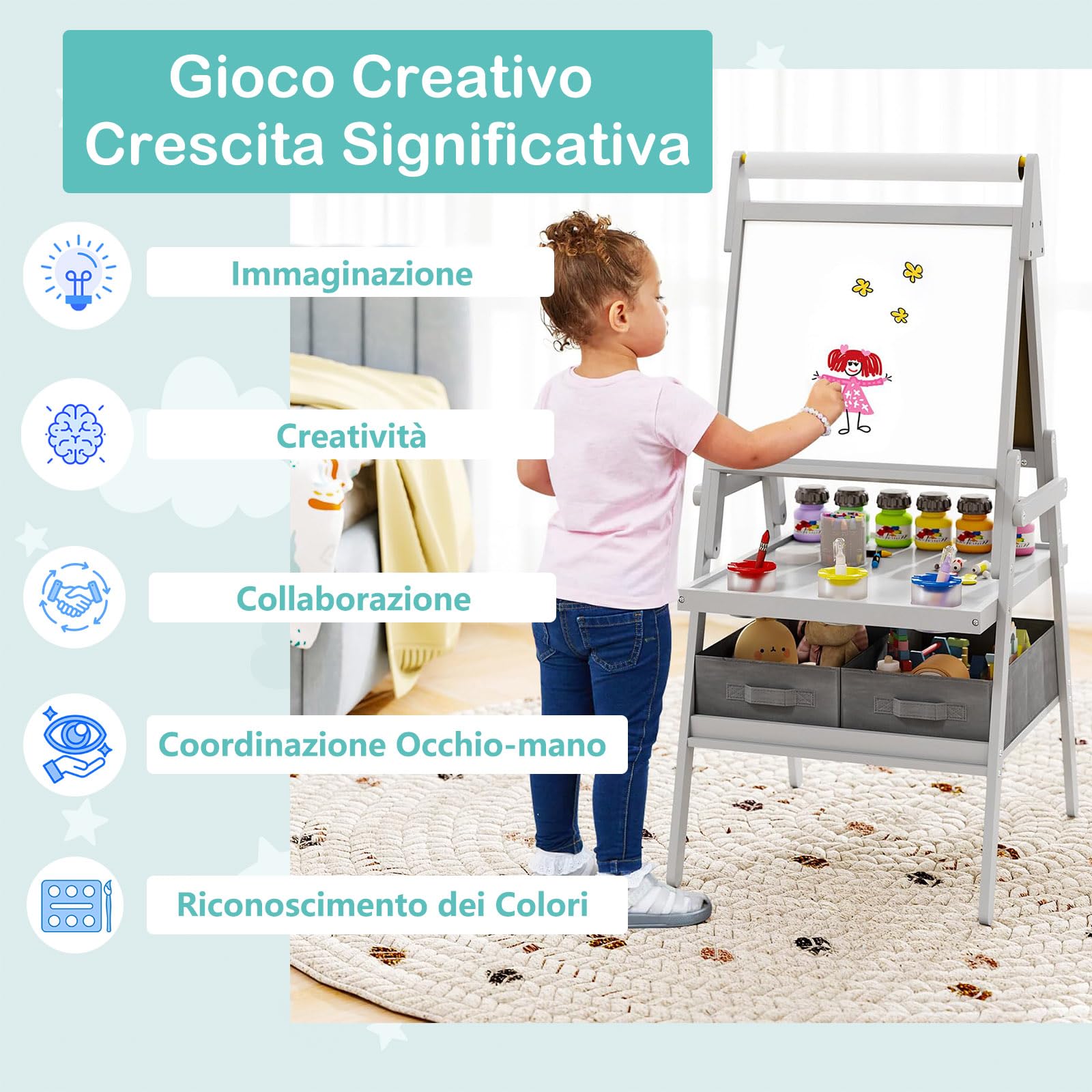 RELAX4LIFE 3 in 1 Lavagna per Bambini, Cavalletto con Doppia Faccia Magnetica e Lavagna Bianca, Rotolo di Carta, Scaffale Doppio e 2 Cesto in Tessuto Pieghevole, 3 Tazze, per 3+ Anni