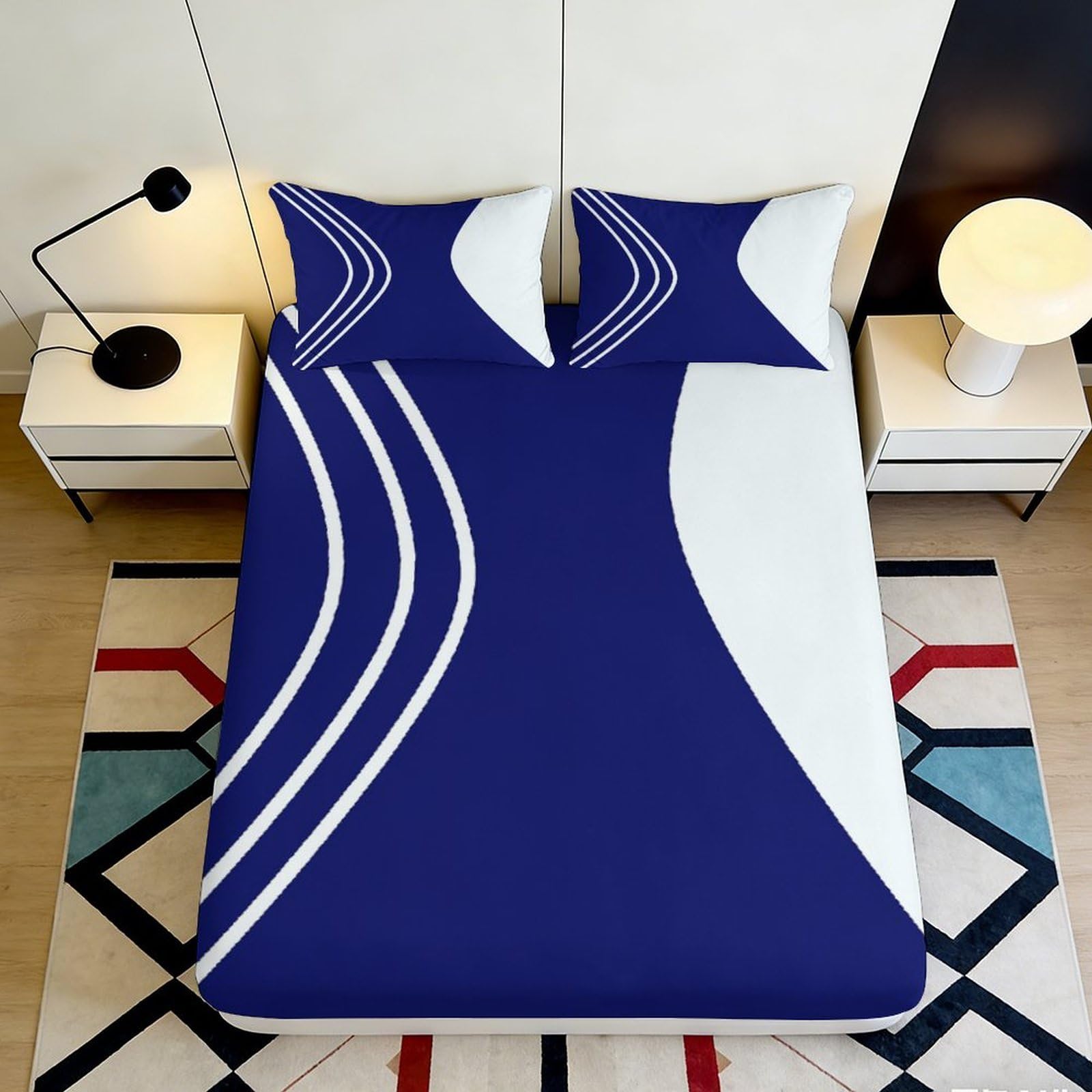 3D Printed Blue Wave Fitted Sheet Microfiber Modern Abstract Mattress Cover for Bedroom Guest Room Decor Protection 180x200x25cm