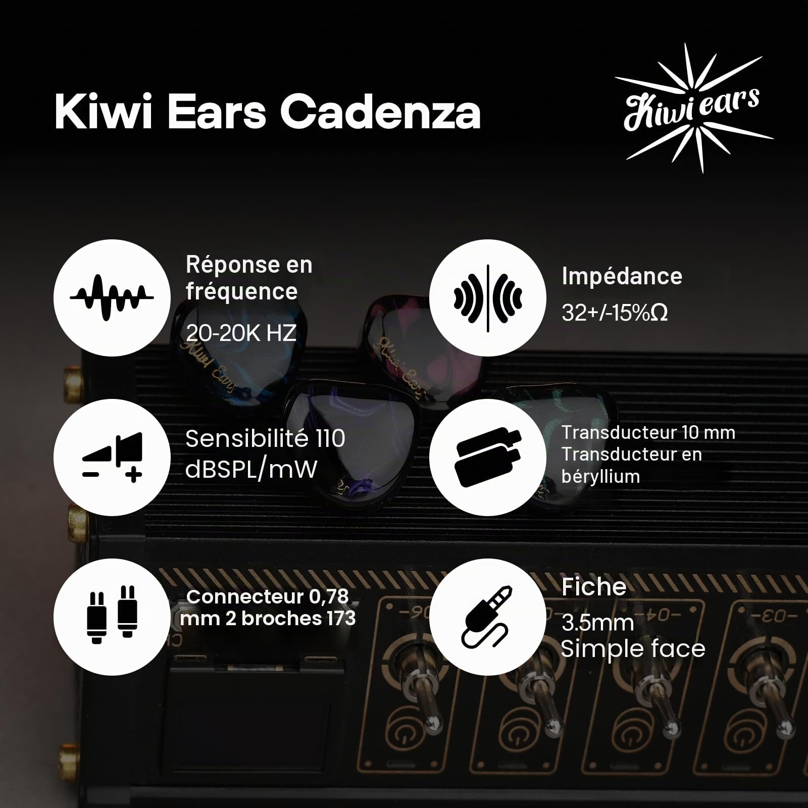 Linsoul Kiwi Ears Cadenza 10 mm Beryllium Dynamic Driver IEM, Imprimé 3D avec Prise Interchangeable Détachable 0,78 2 Broches 3,5 mm Câble IEM, pour Musicien Audiophile (Bleu)