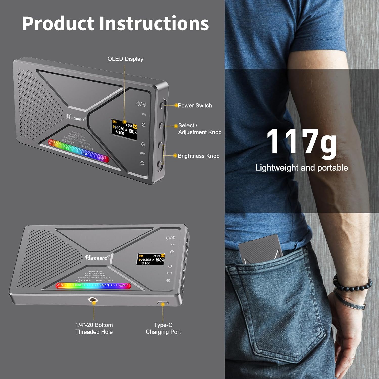 NA225 RGB Video Light App Control, 2500K-9900K, Build-in 4000mAh Rechargeable Battery Portable Phone Camera Photo Lights for Studio Photography Vlogging Streaming Live Beauty and Filming