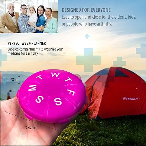 Miniatura 4 de Deke Home - Paquete de 2 pastilleros portátiles redondos redondos para planificar medicamentos, estuche pequeño (contenedor de viaje semanal de 7