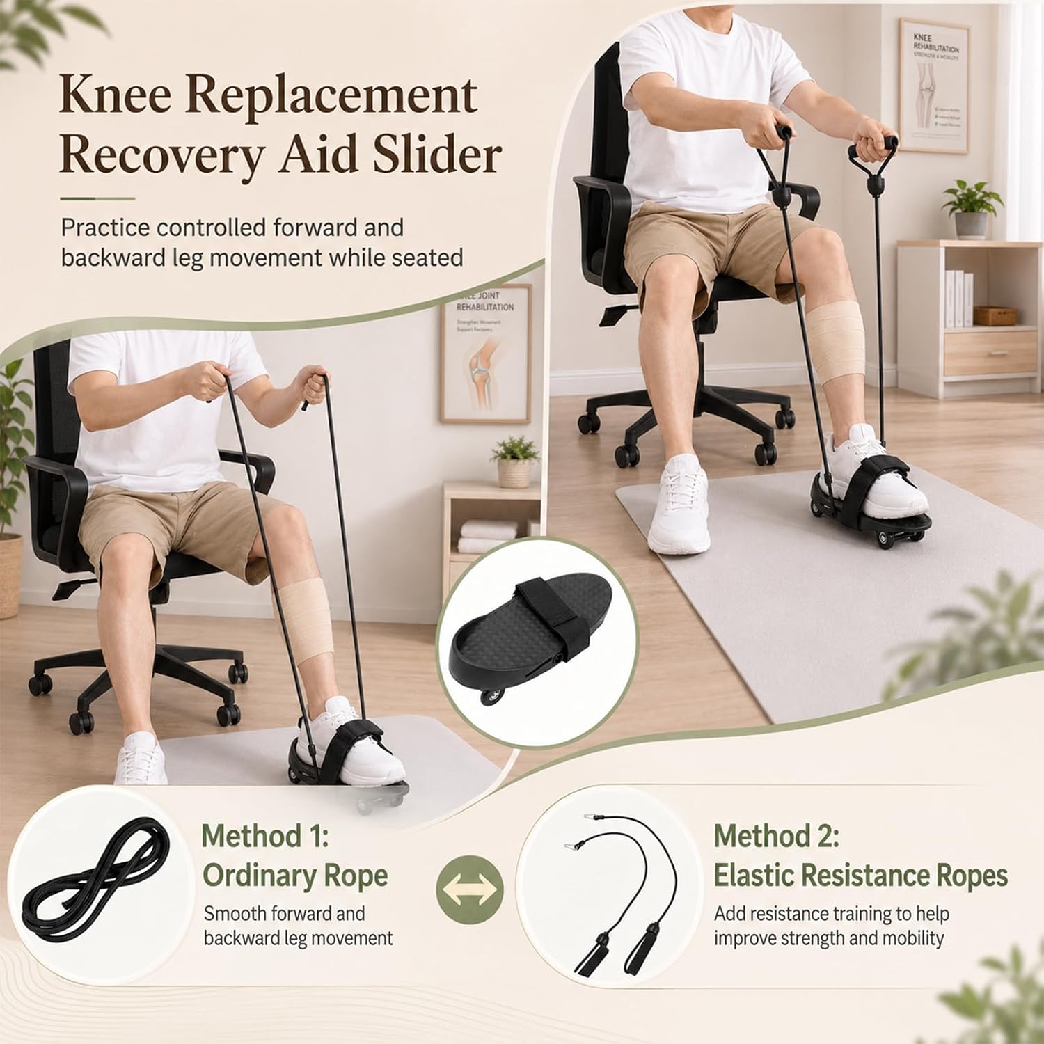 Knee Glider for Knee Replacement Recovery Aid, Seated Leg Exercise Slider with 2 Types Drawstrings, Silent Rolling Foot Pedal, Nylon Fastener Strap, Glide Board for Home Office Rehab Room