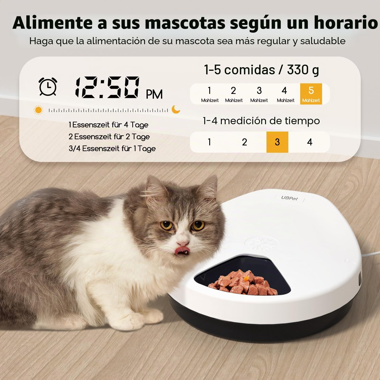 Comedero automático para gatos con comida húmeda y refrigeración, tecnología de refrigeración por semiconductores, función de temporización, comedero automático para gatos, 5 compartimentos, plato