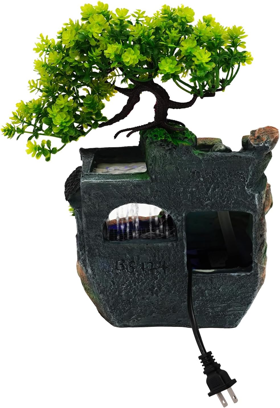 Desktop Waterfall Fountain, LED Small Rockery Flowing Water Tabletop Decoration Waterfall Lamp Lights Indoor Hand-Carved Resin Rockery Ornament Desk Decor with Pump for Home Office Bedroom