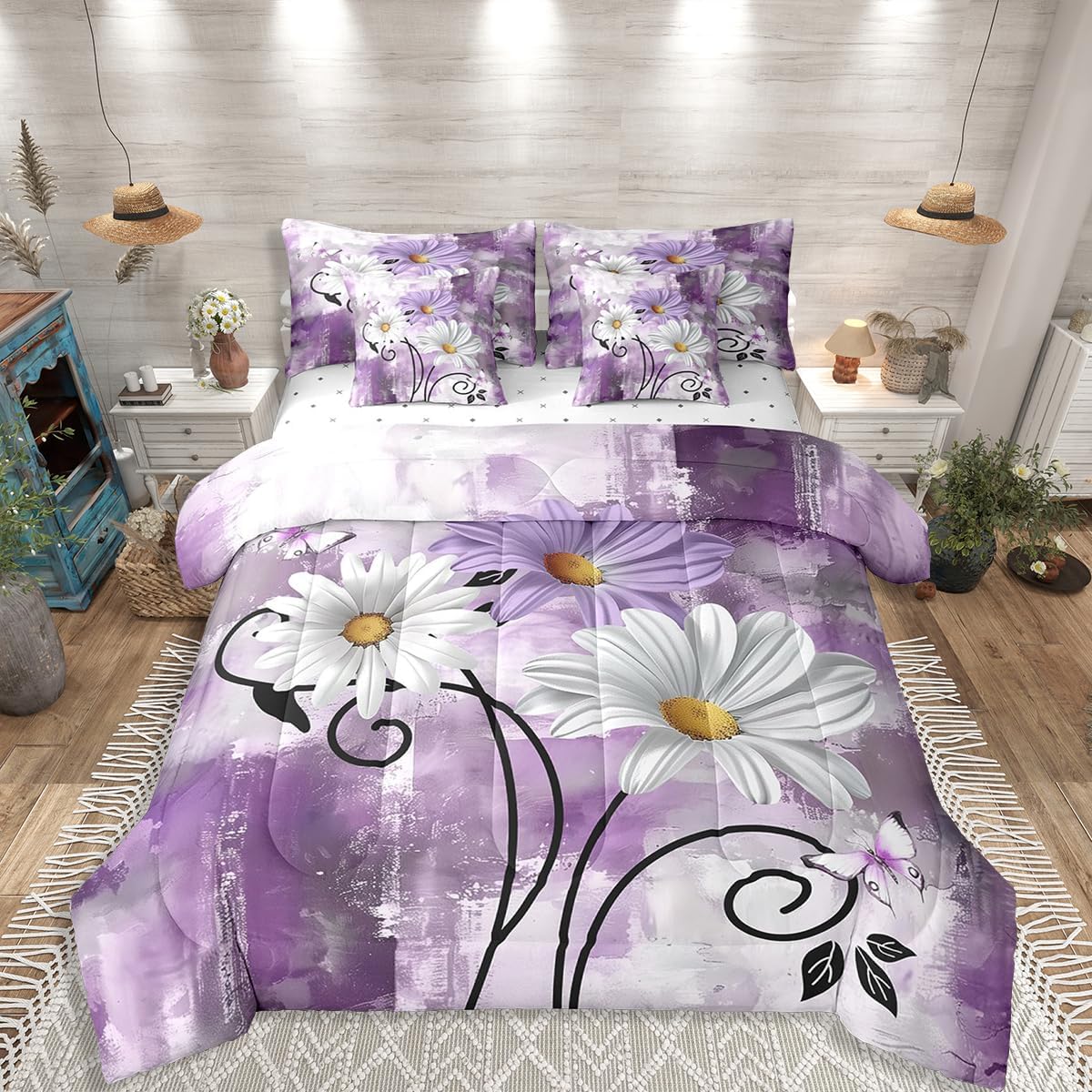 Abstract Comforter Sets Rustic Daisy Bedding Set 7 Pieces Kids Boys Girls Country Flower Bed in A Bag,Full Violet Grey Floral Bedding,Wooden Farmhouse Plant Sheet Set with Comforter