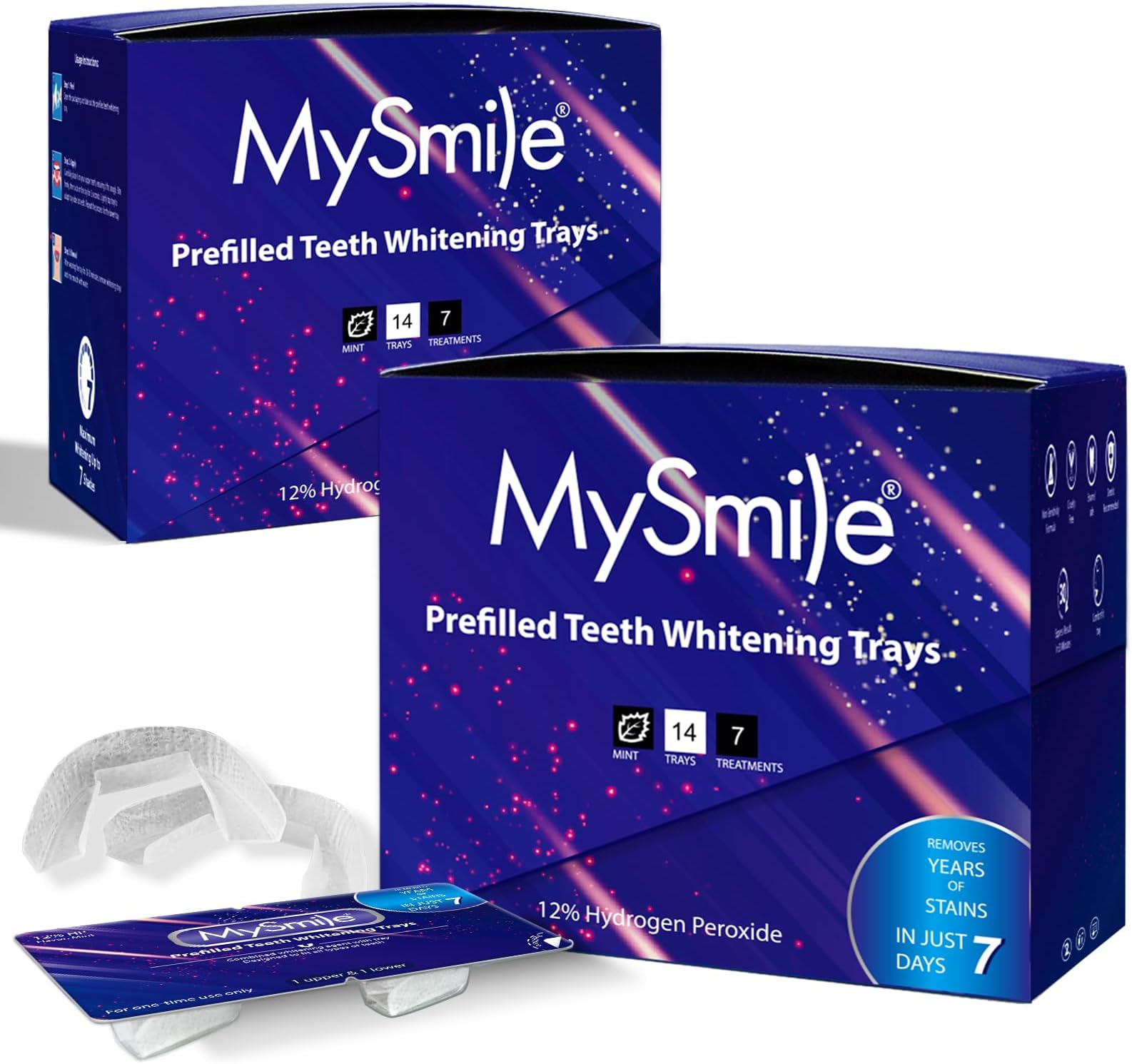 MySmilePrefilled Teeth Whitening Trays 2 Pack Kit,12% Hydrogen Peroxide, Non-Liquid Gel Technology Whitening Trays, Whiten Teeth Faster, 14X Whitening Treatments Helps Remove Years of Stains