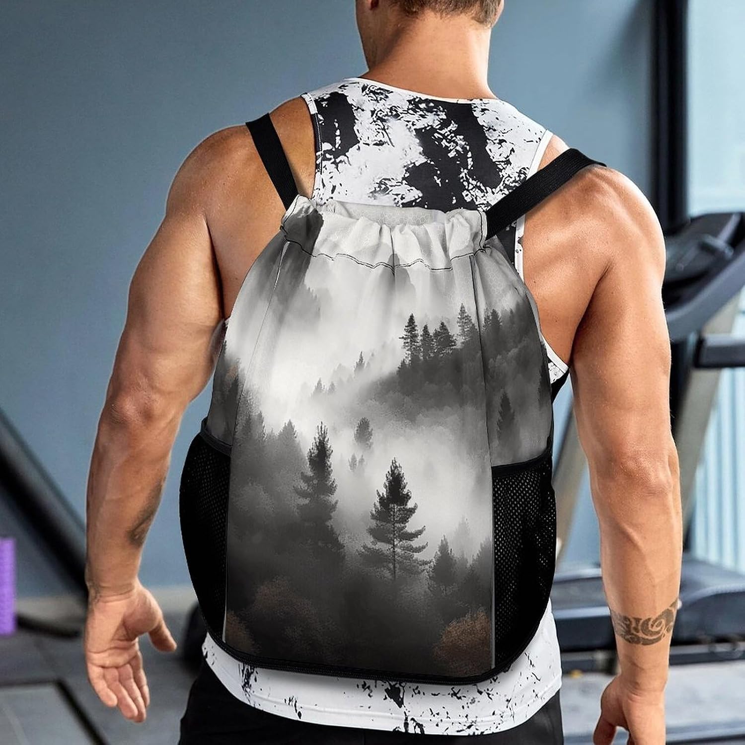Foggy Mountains Forest Drawstring Backpack with Wet Pocket - Large Capacity Gym Bag with Shoe Compartment & Mesh Pockets, Adjustable Lightweight Gym Backpack for Swimming, Travel, Workout