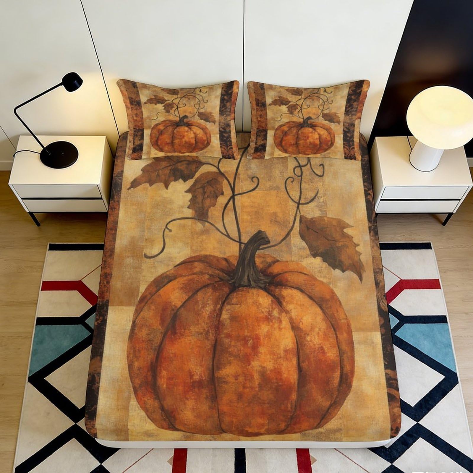 Uxinyoume Style-10 3D Printed Vintage Pumpkin Fitted Sheet Microfiber Soft Autumn Leaves Bed Cover For Bedroom Guest Room Dorm Decor 90X200x25cm