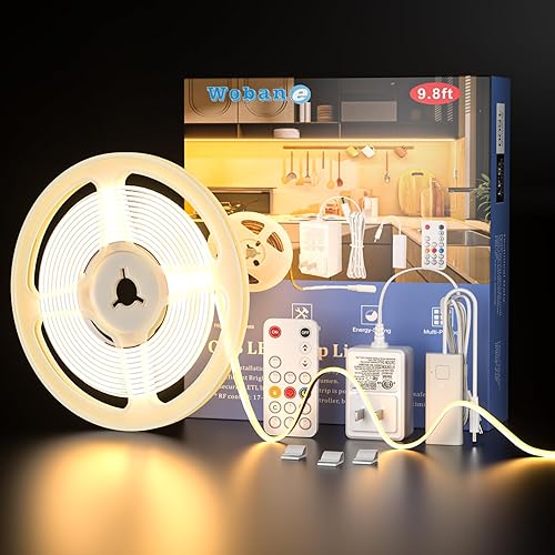 WOBANE COB Kit de tira de luces LED, tira de luz LED regulable de 9.8 pies con control remoto RF para gabinete de cocina, mostrador, estante, parte