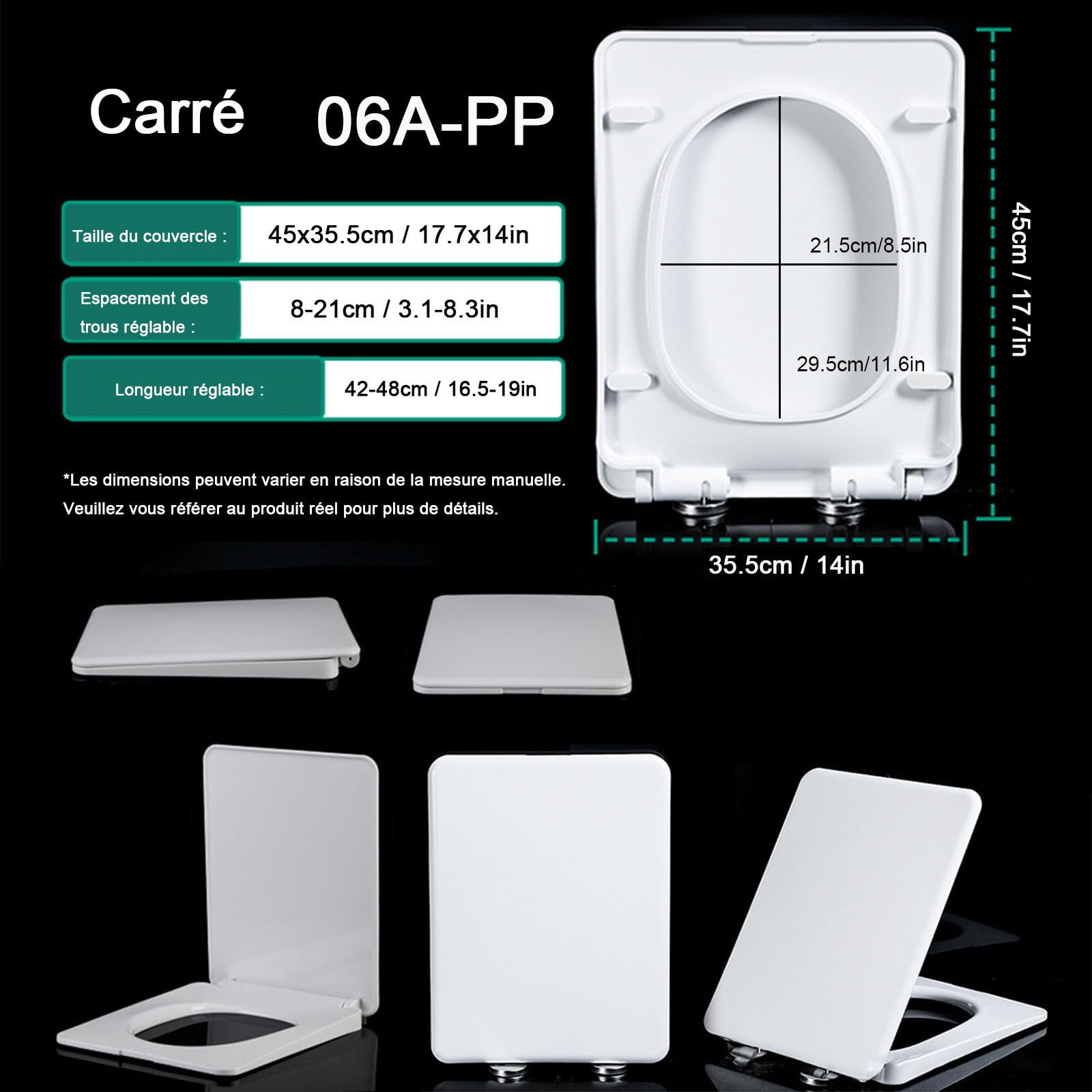 Tapa WC Universal, Tapa de Inodoro de PP con Cierre Suave y Liberación Rápida para una Fácil Limpieza, Asiento de Inodoro Cuadrado Universal Blanco, 45x35.5cm