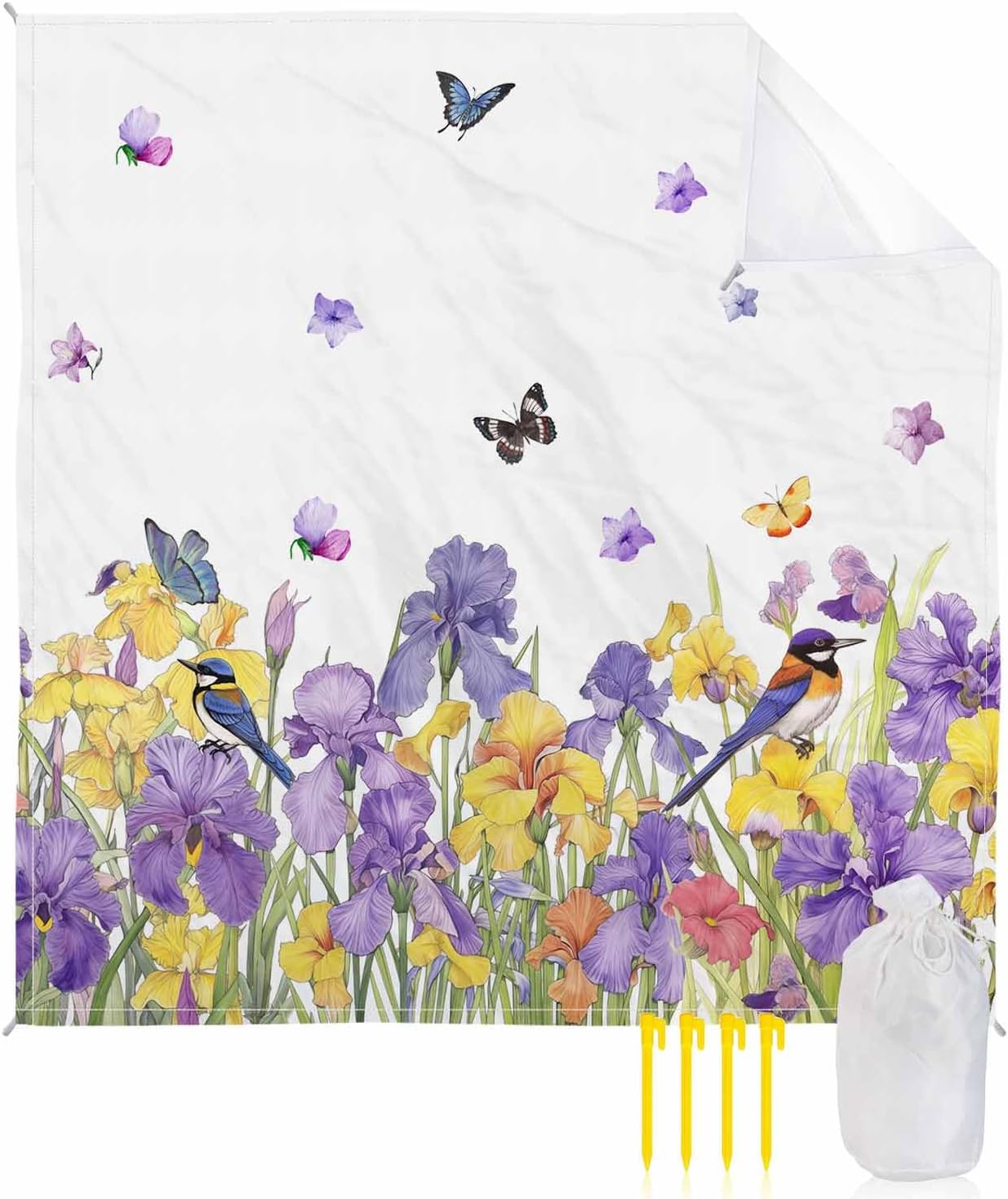 Watercolor Purple Yellow Iris Floral Beach Blanket Waterproof Sandproof Outdoor Picnic Mat 83"x79" Garden Butterfly Flower on Whiite Lightweight Large Beach Blankets with 4 Stake & 4 Corner Pockets