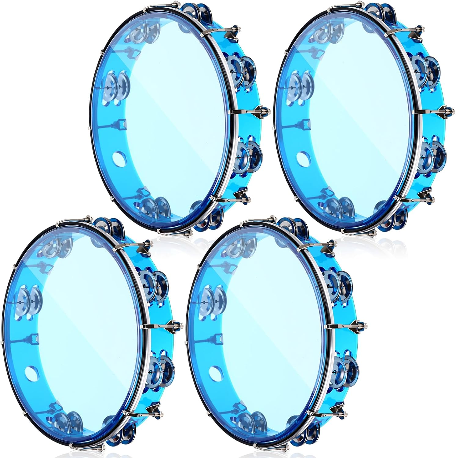 Boao 4 Pack 10 Inch Tambourine for Adults Church, Adjustable Tone Handheld Percussion Instrument Double Row Metal Jingles with Tuning Key Performance Level Panderetas for Concert Live Party(Blue)