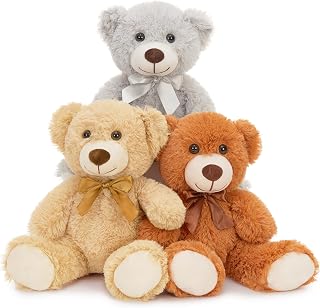 MaoGoLan 3-Pack 13.5" Bulk Soft Teddy Bears - Tan, Dark Brown, Gray | Cuddly Stuffed Animals for Baby Showers, Weddings, Parties