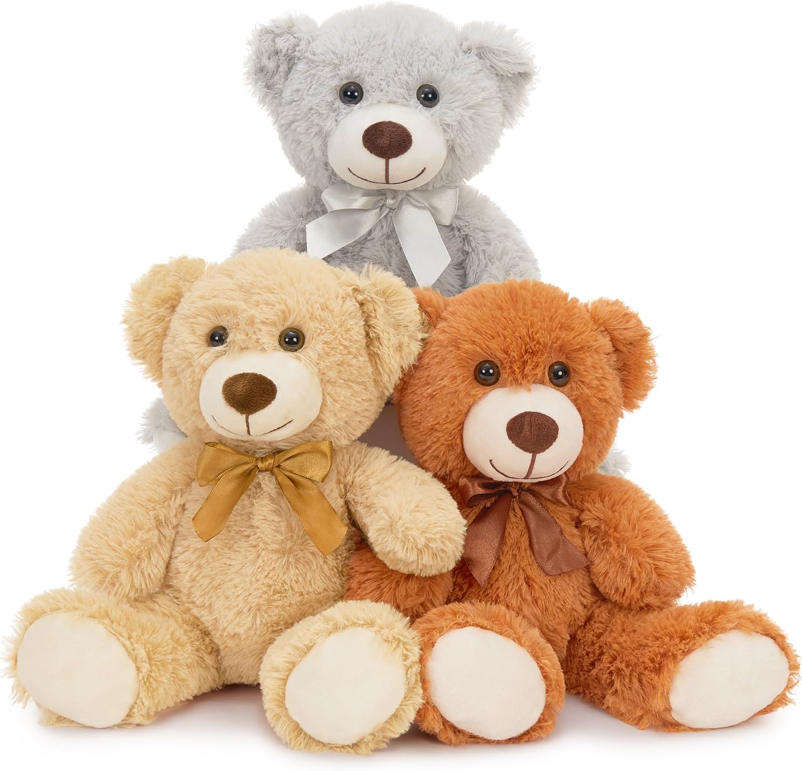3 teddy bears of brown/tan/gray