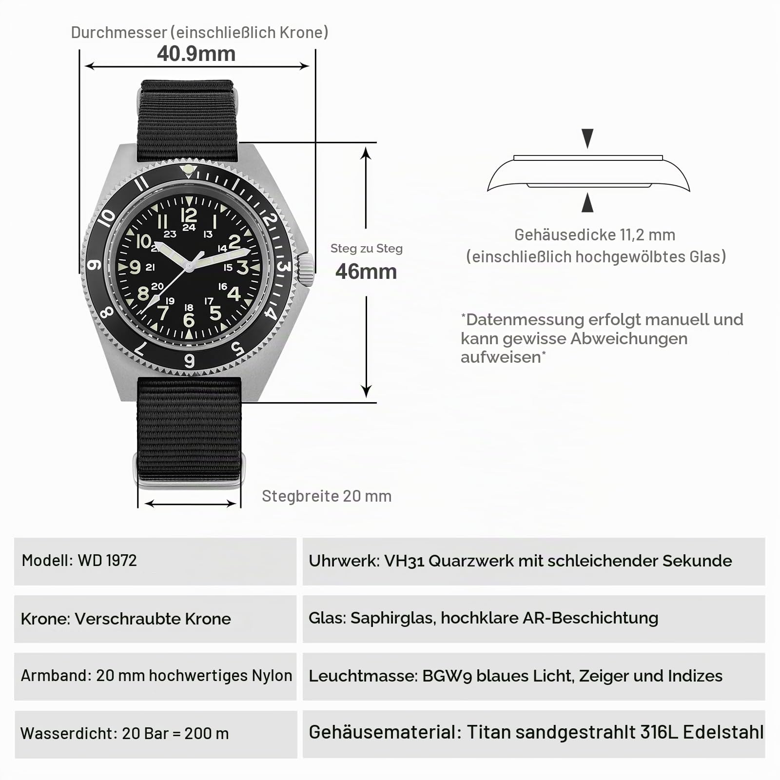 watchdives Militär Quarzuhren WD1972, Herrenuhr 40.9 mm Saphirglas Luxus Armbanduhr 20 Bar Taucheruhren für Männer