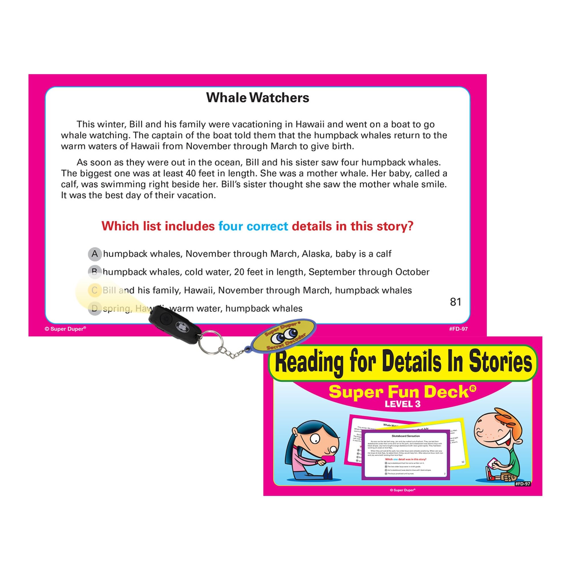Super Duper Publications | Lecture pour plus de détails dans les histoires Cartes flash amusantes avec décodeur secret | Ressource d'apprentissage éducative pour les enfants