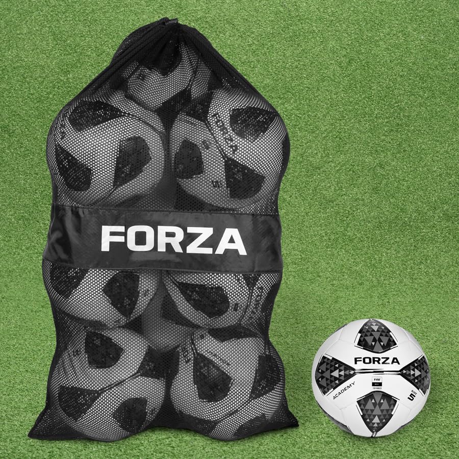 FORZA Footballs with Mesh Storage Carry Bag & Multiple Pack Sizes - Variety of Ball Types for Football Matches, Competitions & Training (Academy (Black/White), Size 5 (Pack of 12))