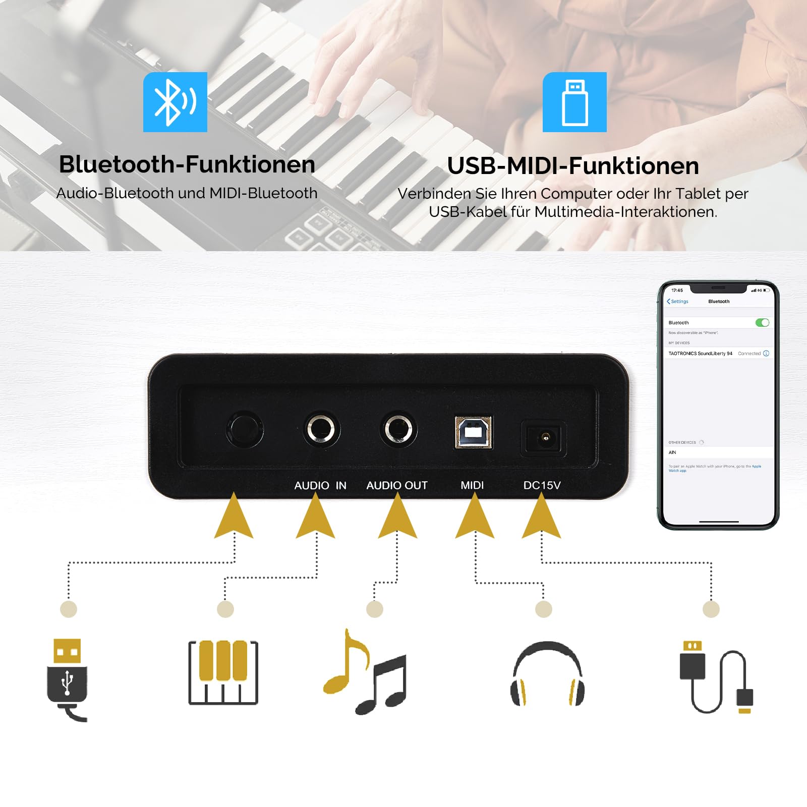 Bonnlo Piano digital con 88 teclas ponderadas, piano electrónico con unidad de 3 pedales para principiantes, MIDI USB, doble Bluetooth, pantalla LCD, altavoces estéreo, 800 sonidos y 200 ritmos, color