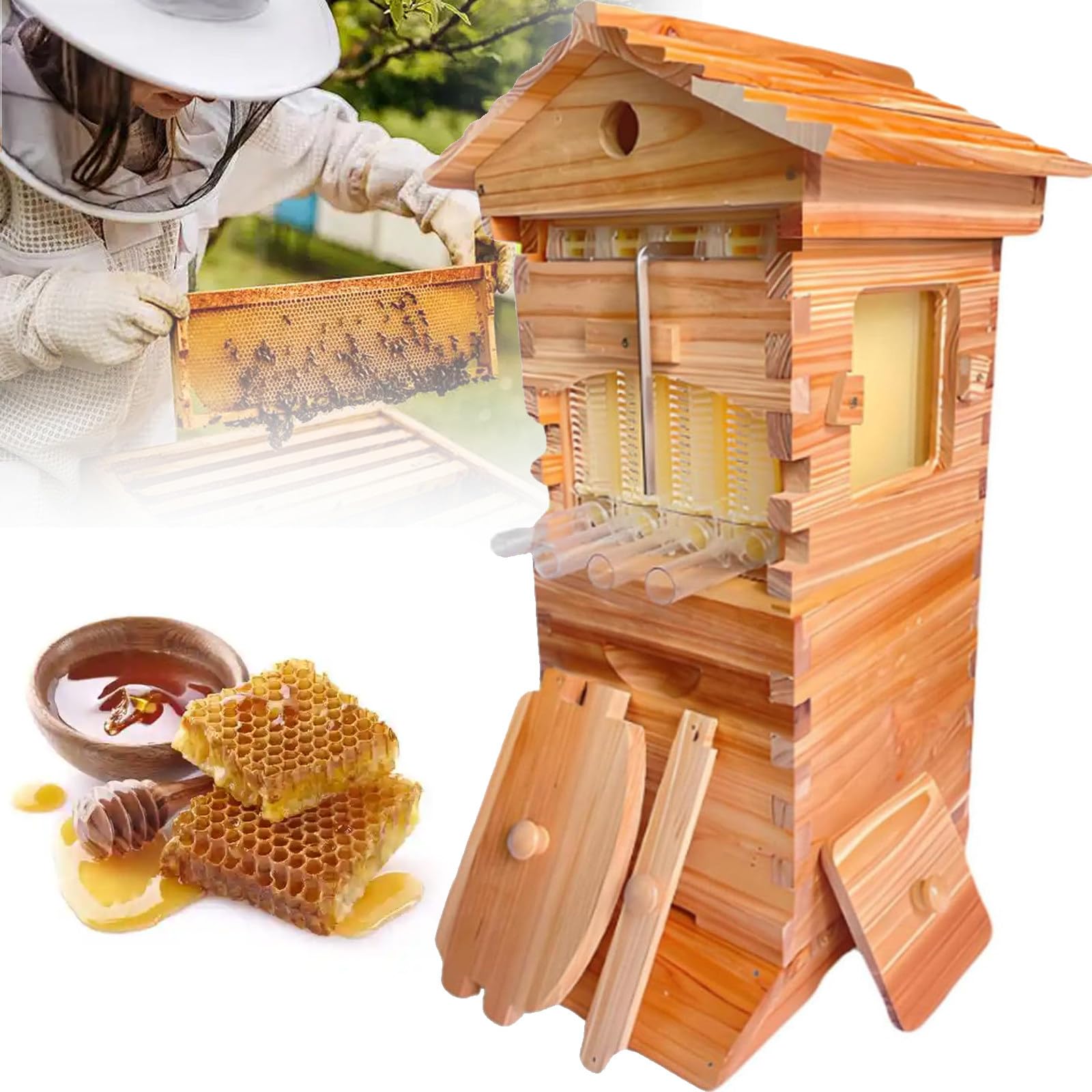 JIADUOFU Beehive starter kit, wooden bee hive house beehive box with automatic hive flowing frames, complete beekeeping bee box with observation window & honey spout, for backyard beekeeping