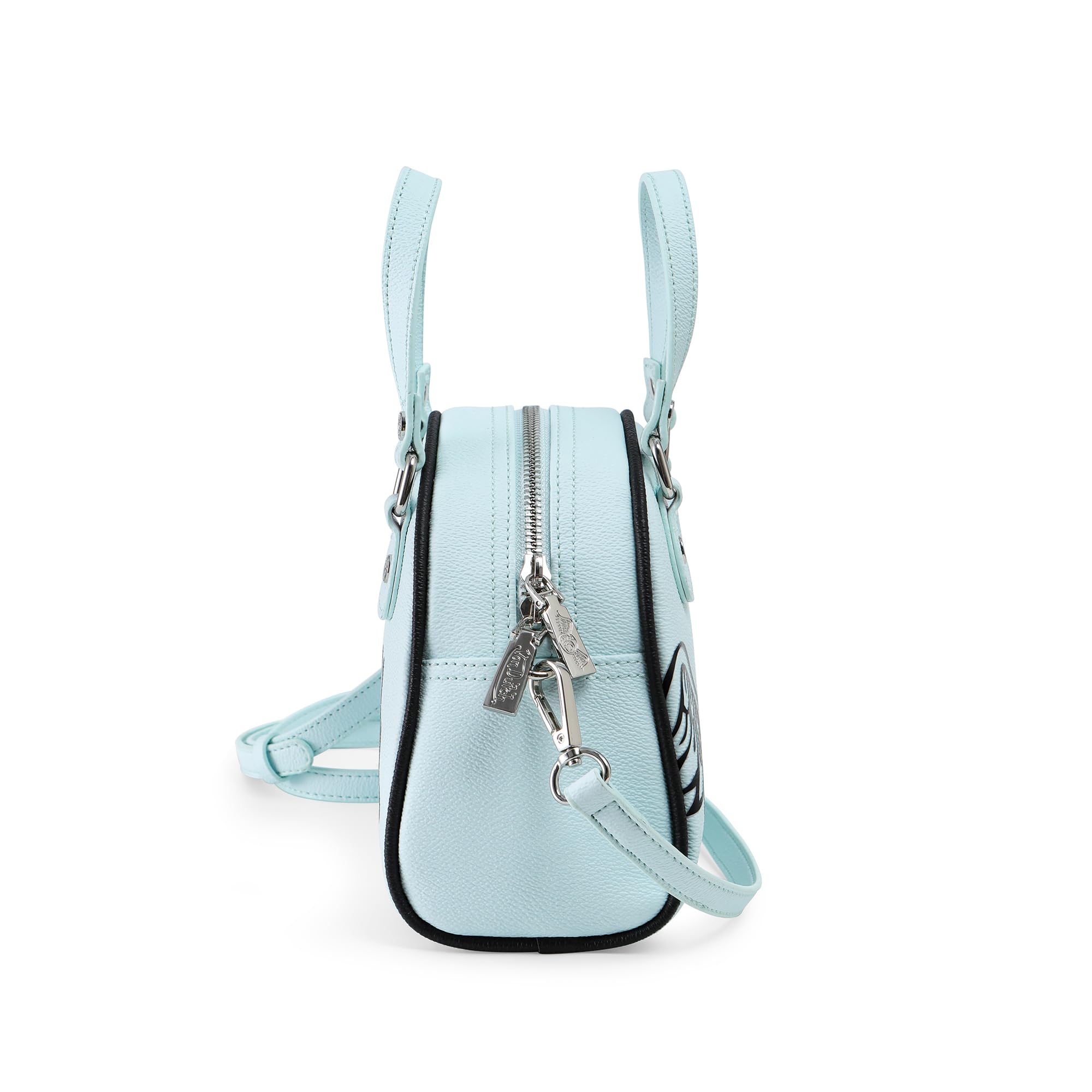 Von Dutch Womens Two Tone Bowling Bag Purse - Stylish Women's Handbag with Adjustable Strap, Spacious Interior, and Iconic Logo Design (Light Blue and Black)