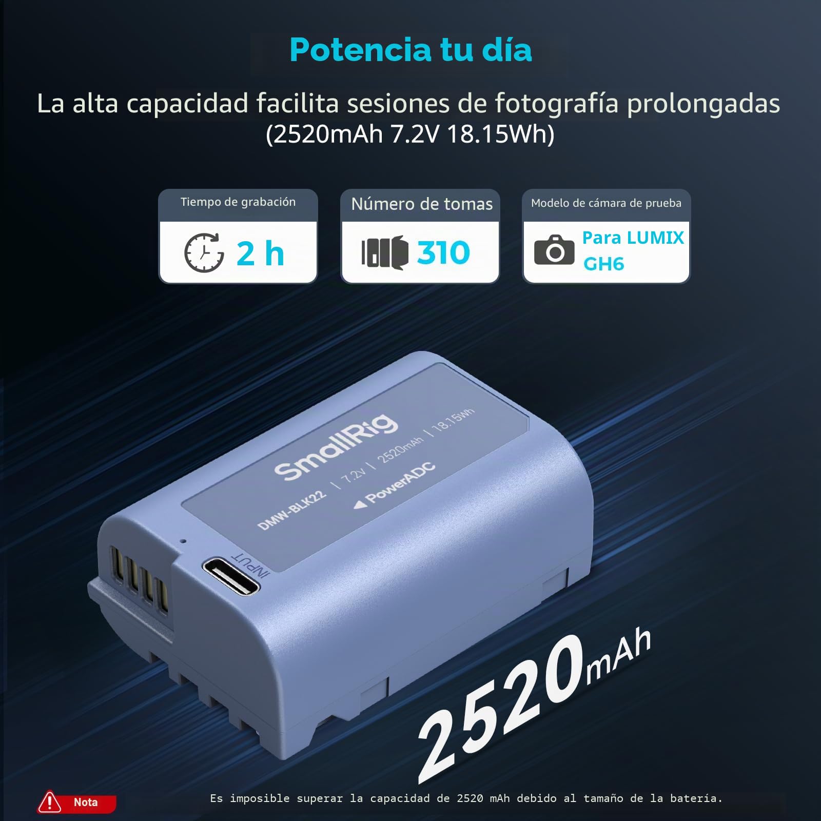 SMALLRIG Batería Compatible con DMW-BLK22 de Repuesto de 2520mAh con Puerto USB-C,Battery Completamente Cargada Durante 2,5h para Panasonic LUMIX S5,S5II,GH7,GH6,GH5,S9,S9II,S5 IIX,Azul - 4906
