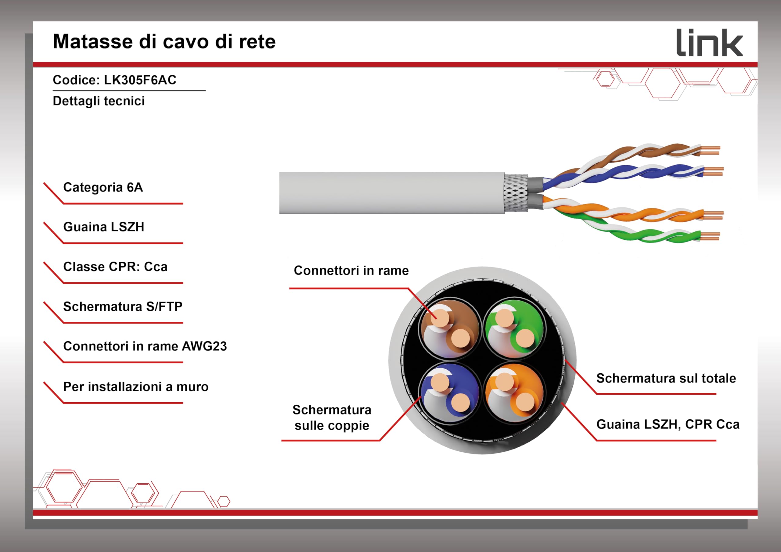 LINK LK305F6AC - Cavo Solido Schermato S/FTP per reti Catyegoria 6A LSZH AWG23 in Rame Matassa MT305 CLASSE CPR CCA