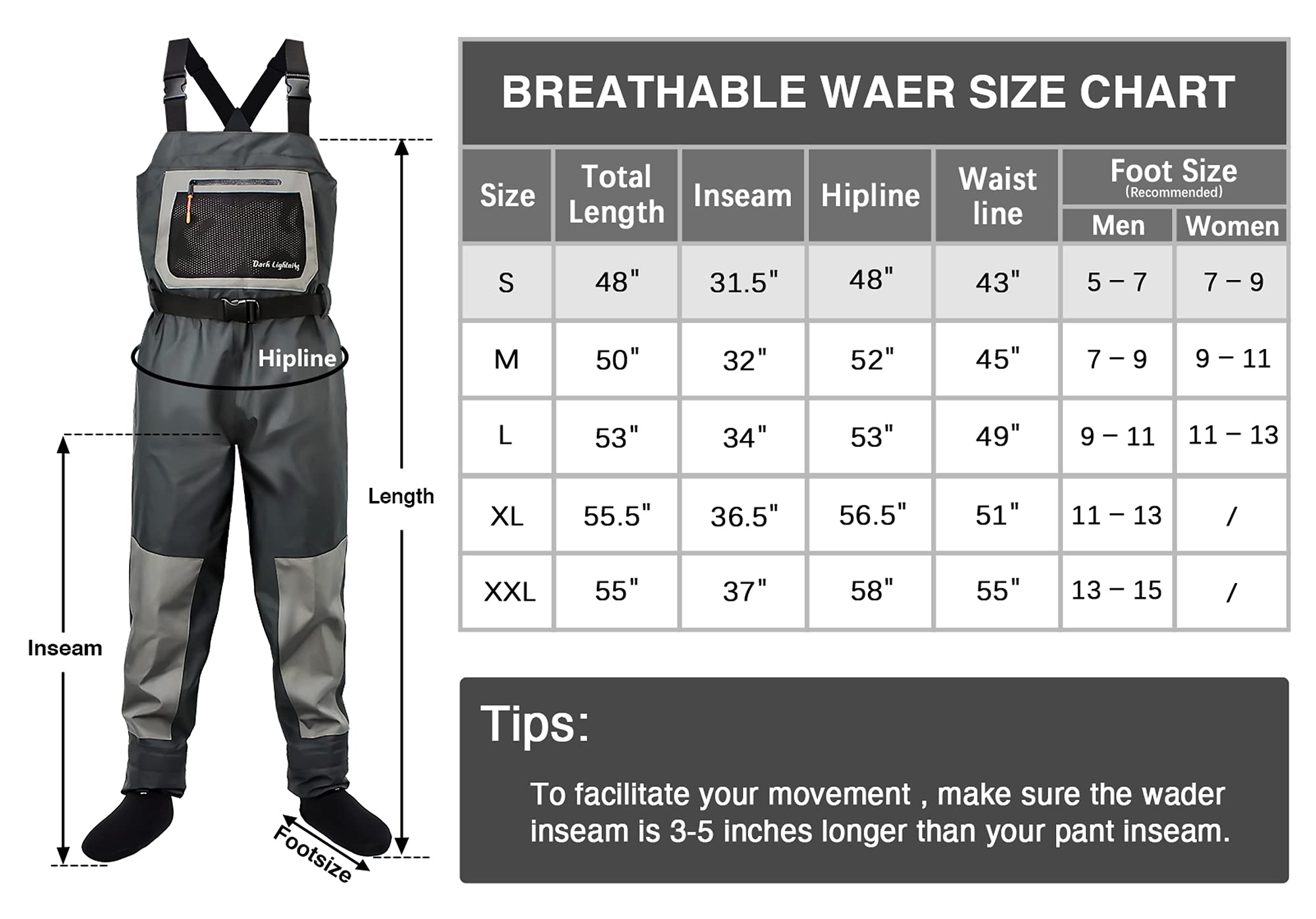 dark lightning Breathable Insulated Chest Waders, Perfect for 4 Seasons Fly Fishing Stocking Foot Waders for Men and Women