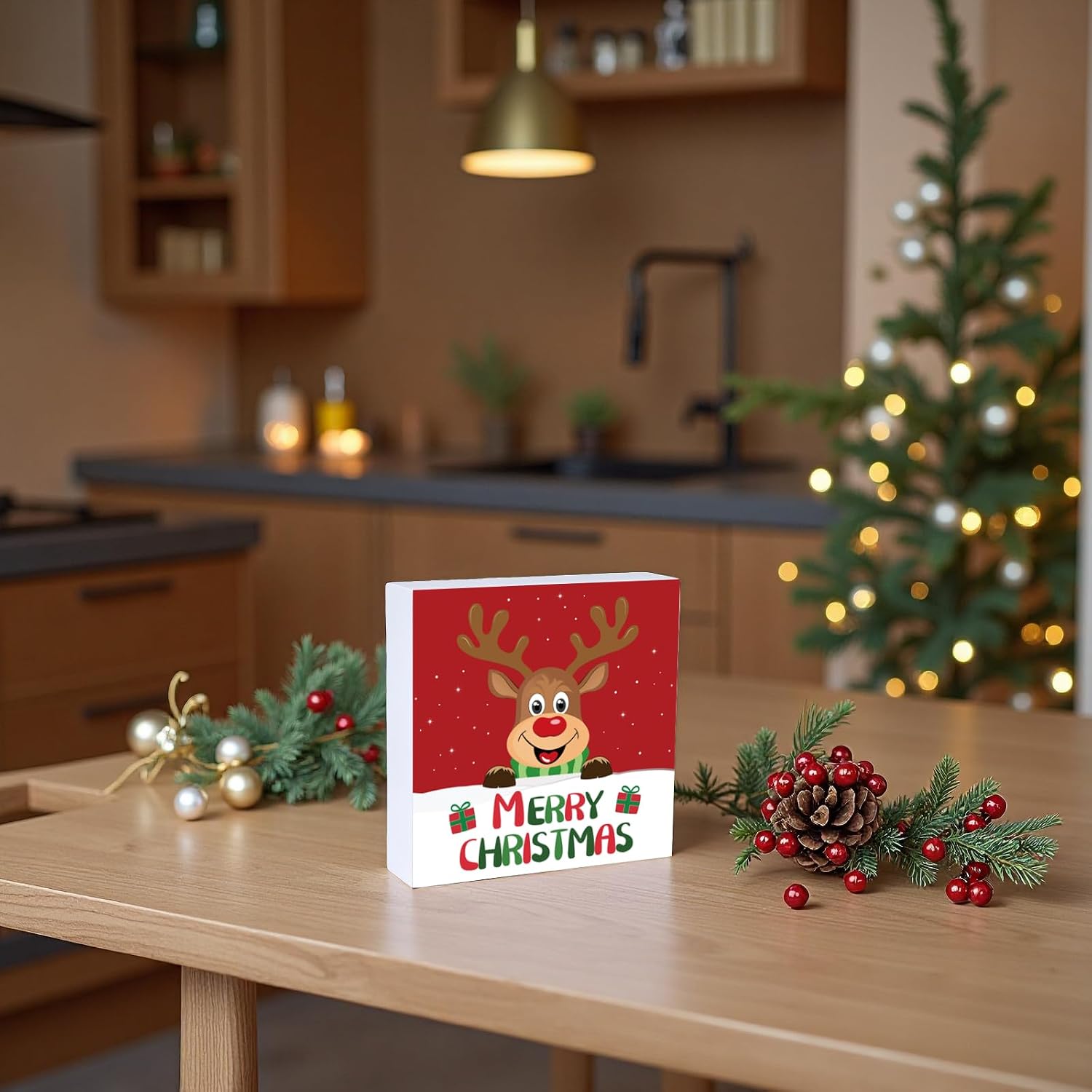 Christmas Table Decorations Christmas Decor Indoor Home Room Cute Elk Office Bathroom Wood Box Sign Rustic Wooden Shelf Desk Decor Season Sign House Warming Gifts 5.9 x 5.9 Inch