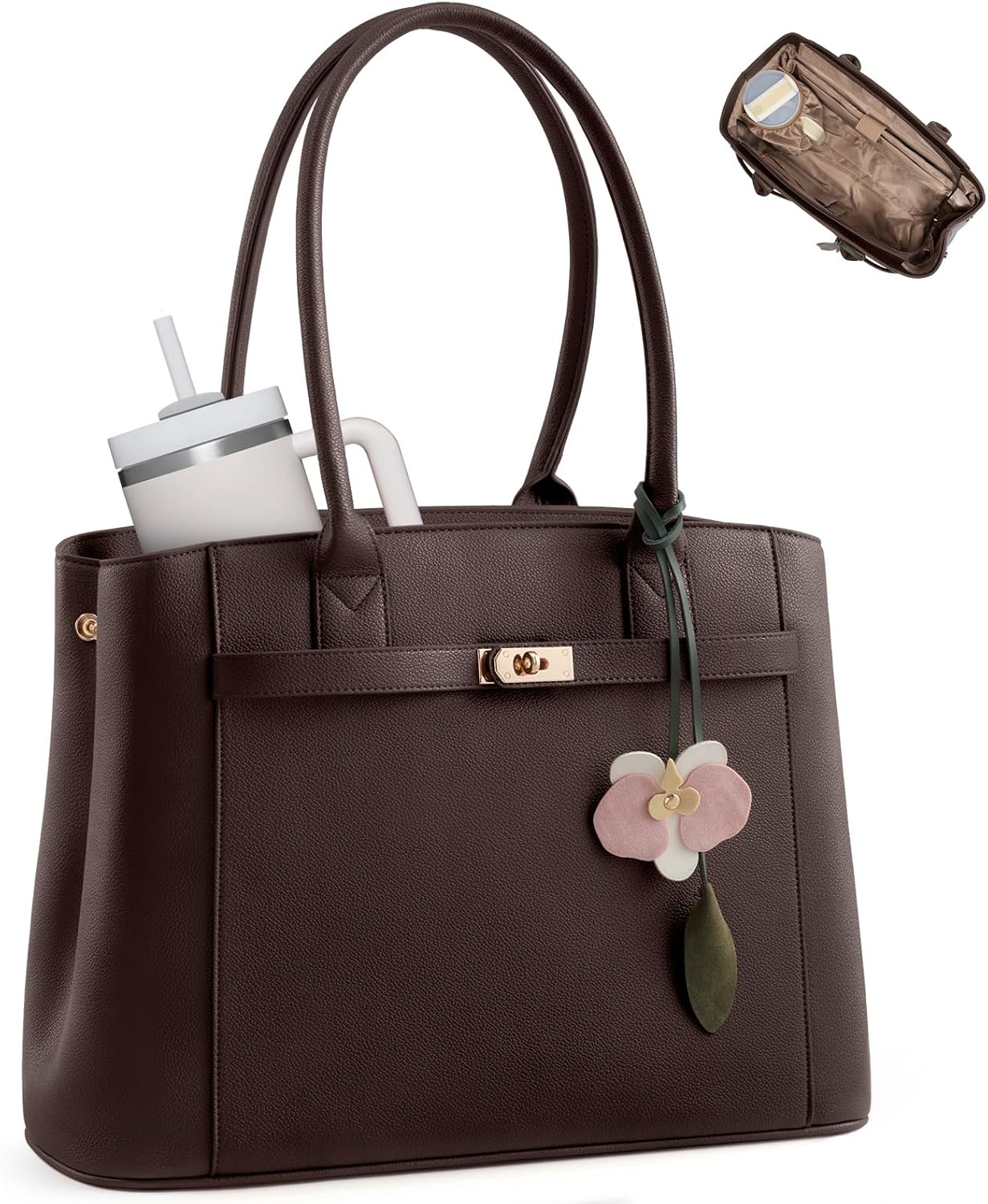  Laptop Bag for Women Work Tote with 40OZ Large Cup Holder | PU Leather Briefcase Handbag with Padded Computer Compartment for Teacher Nurse Business, Shape-Variable