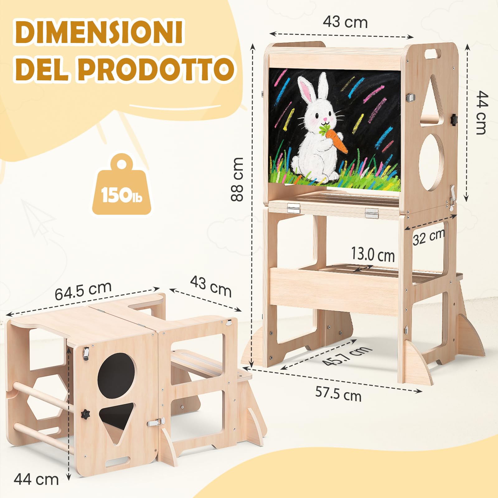 3-in-1 Torre montessoriana per bambini, Sgabello pieghevole con lavagna, torre di apprendimento per bambini per cucina, tavolo da pranzo e bagno