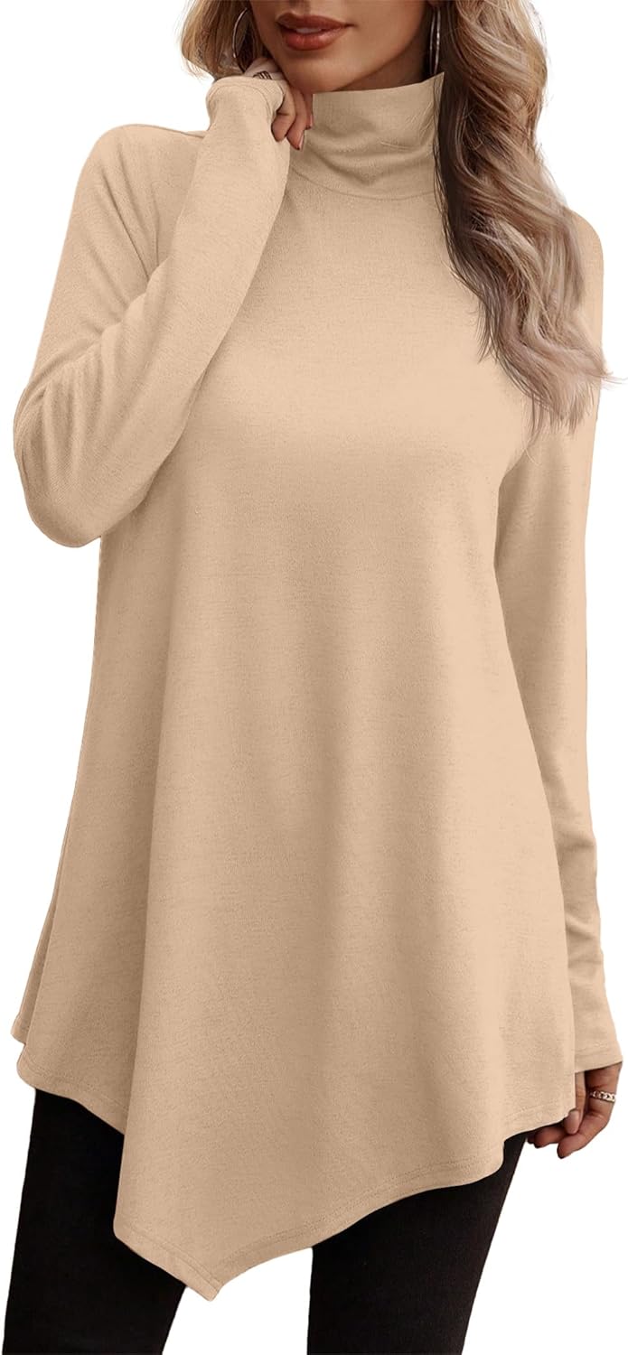 JUSTFASHIONNOW Mock Neck Tops for Women - Casual Fall Shirts - 2025 Workout Long Sleeve Shirts - Khaki XXL