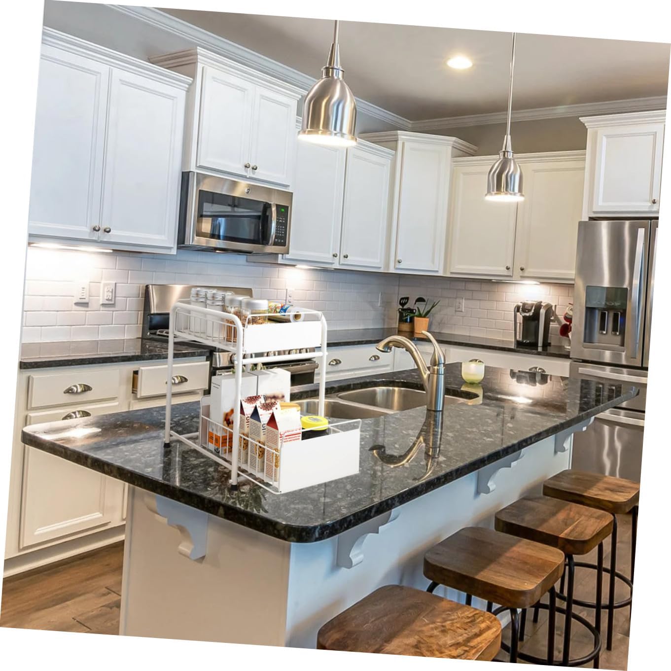 PRETYZOOM Adjustable Kitchen Under Sink Storage Rack Expandable Drawer Organizer Sturdy Steel Frame Hooks for Easy Access for Kitchen and Bathroom