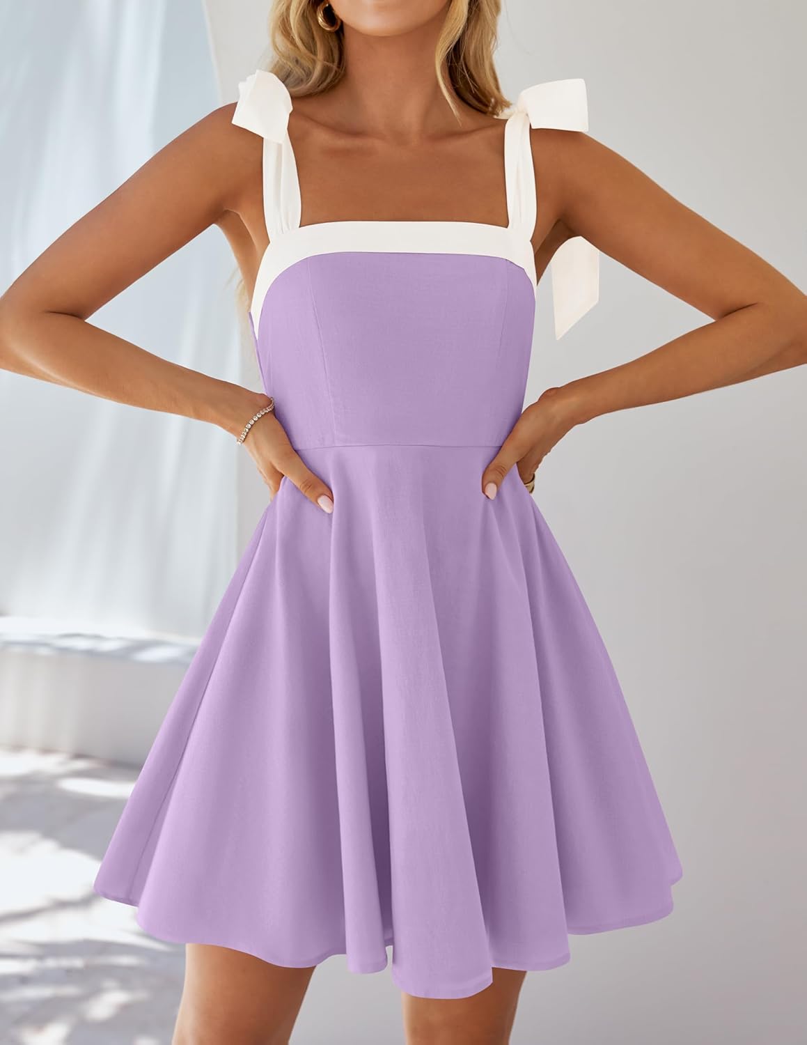 ZESICA Womens Summer Sleeveless Mini Dress Tie Shoulder Square Neck High Waist Swing A Line Short Sundresses - Image 7