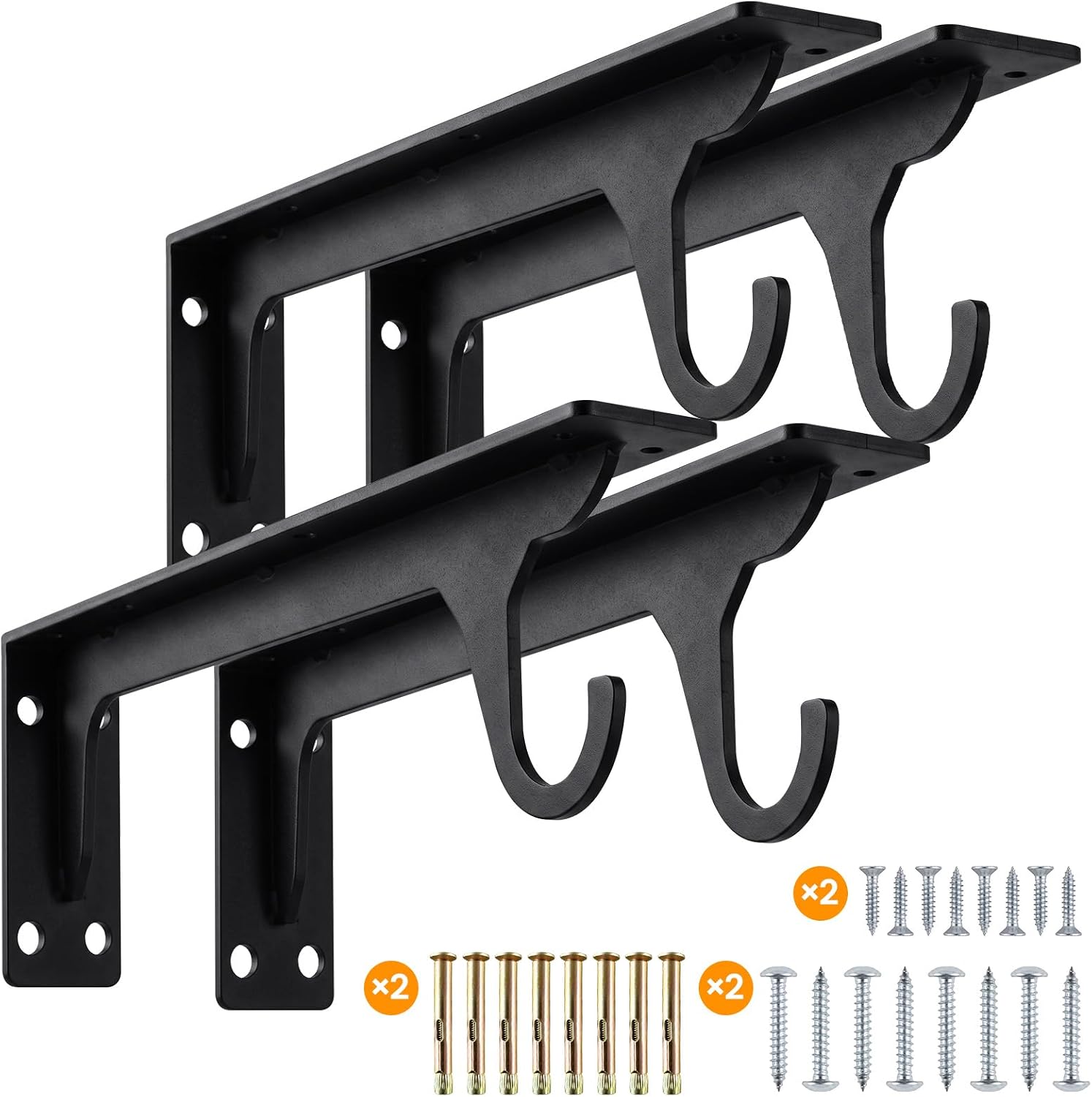 Heavy Duty Closet Rod Brackets, 15 Inch Wall Mounted Closet Shelf Brackets with Rod Holder, 4 Pack Black