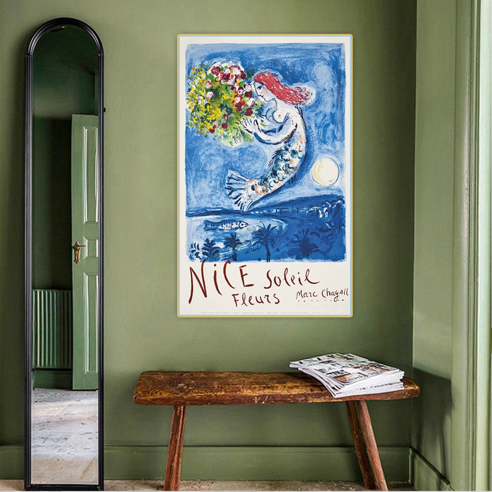 OUSHION ART Surrealismo Galería Arte mural Marc Chagall Flores Sirena Lienzo Pintura Impresiones Noche de luna Cartel de arte para decoración de guardería 105x60cm marco interno