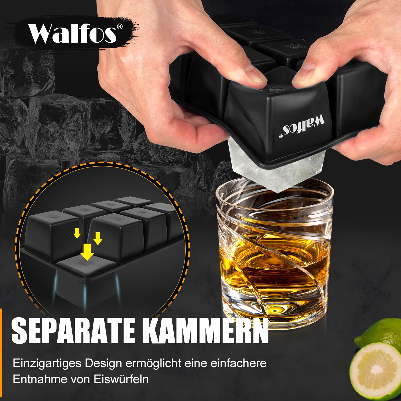 Walfos 2 Vaschette Per Cubetti Di Ghiaccio Grandi In Silicone Con Coperchio – Senza BPA, Lavabili In Lavastoviglie – Per Cocktail, Whisky, Frutta