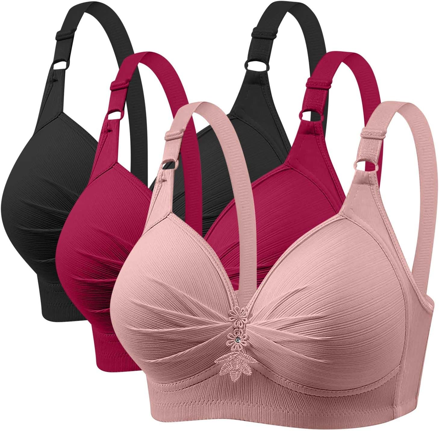 3 Pack No Underwire Bras for Women Push Up Bralette Plus Size Full Support Wire Free Comfort Everyday Bra