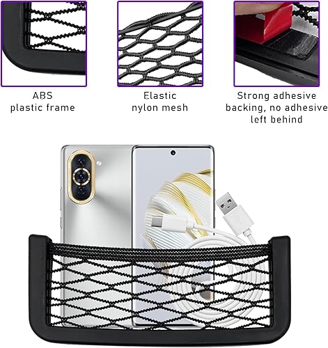 Miniatura 3 de 2 unidades de red para teléfono de bolsillo para automóvil, bolsa de red de almacenamiento lateral universal para asiento con cinta de doble cara,