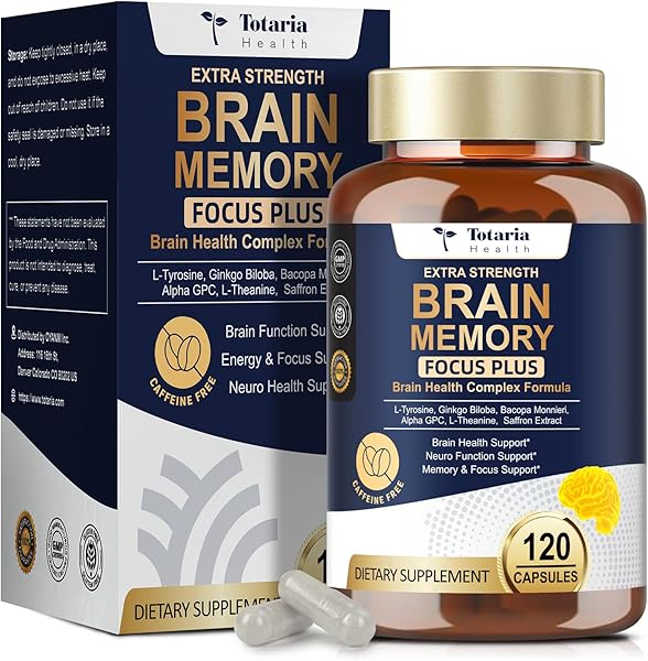 Totara Brain Supplements for Memory and Focus丨Non-Caffeinated Energy with L-Tyrosine, Alpha GPC, Ginkgo Biloba, Bacopa Monnieri, Saffron – Gluten Free, Non-GMO for Neuro & Brain Health (120 Counts)