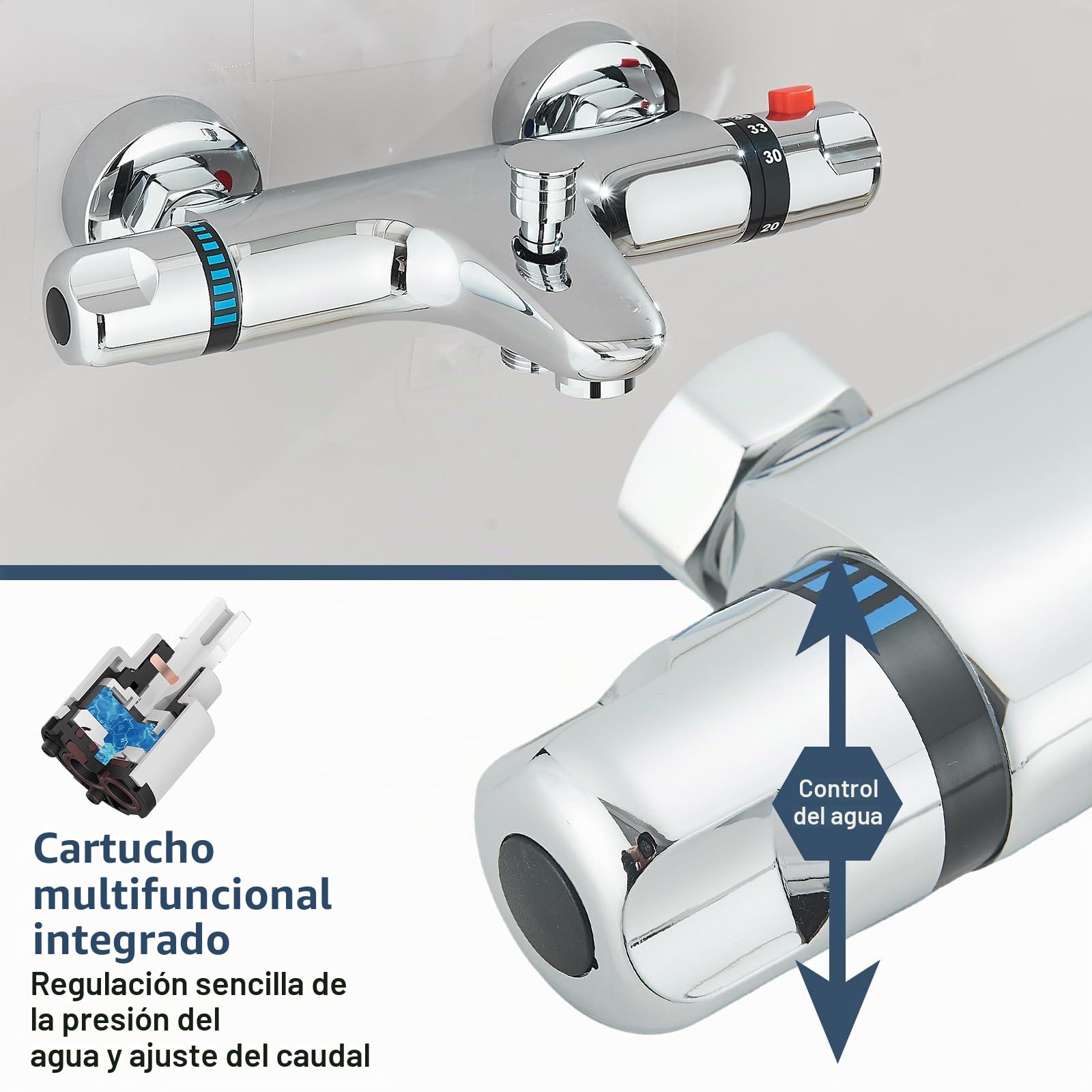 Grifo para bañera con termostato para montaje en pared, cromado
