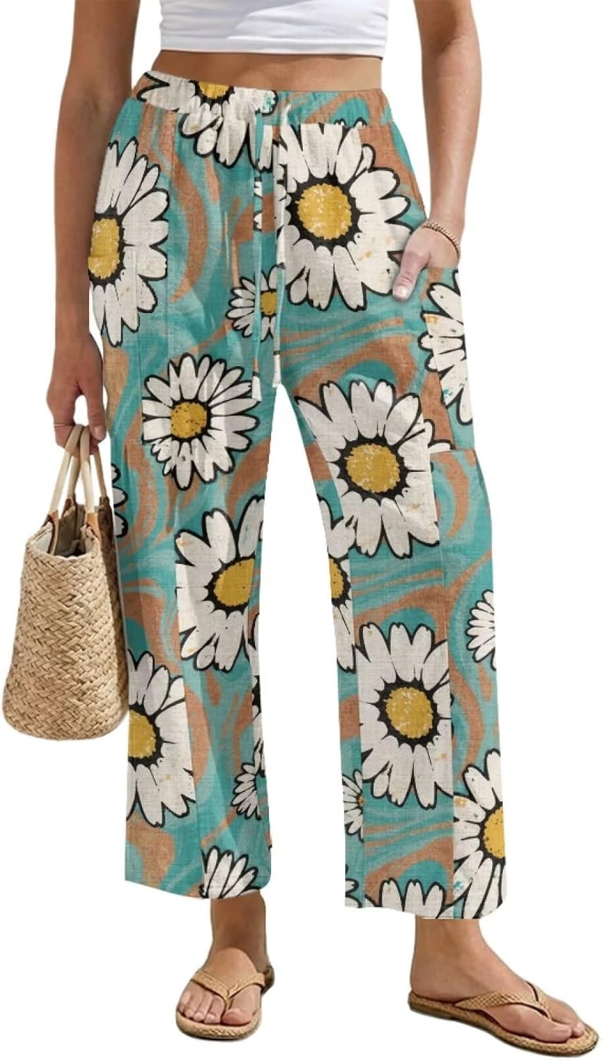 Women's Linen Pants High Waist Casual Lounge Palazzo Pant Wide Leg Drawstring Summer Beach Trousers with Pockets