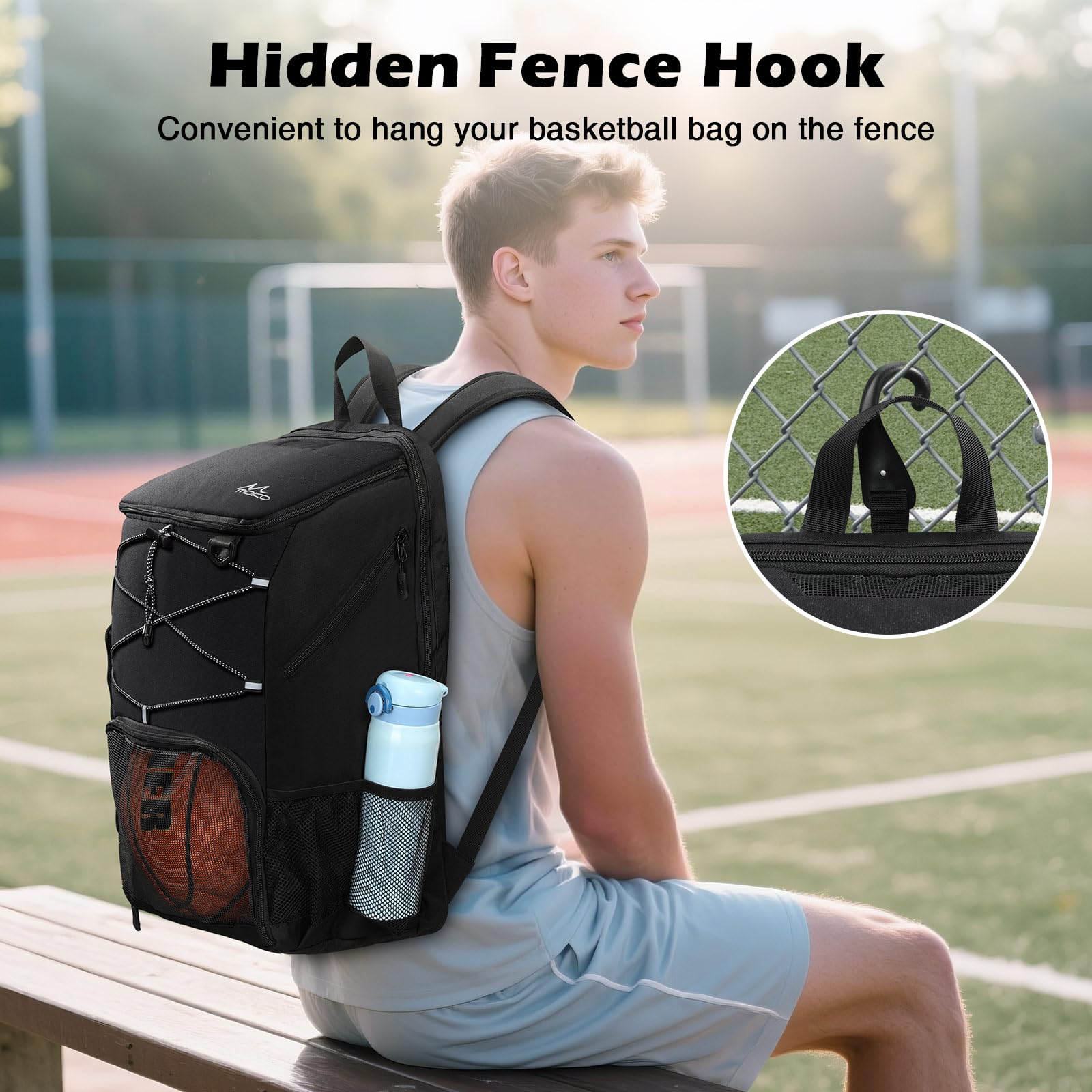 MoKo Sac de basket-ball, sac à dos de basket-ball avec sac à chaussures respirant, sac à dos avec plusieurs poches, crochet de clôture caché et port de charge pour les amateurs de sport de ballon