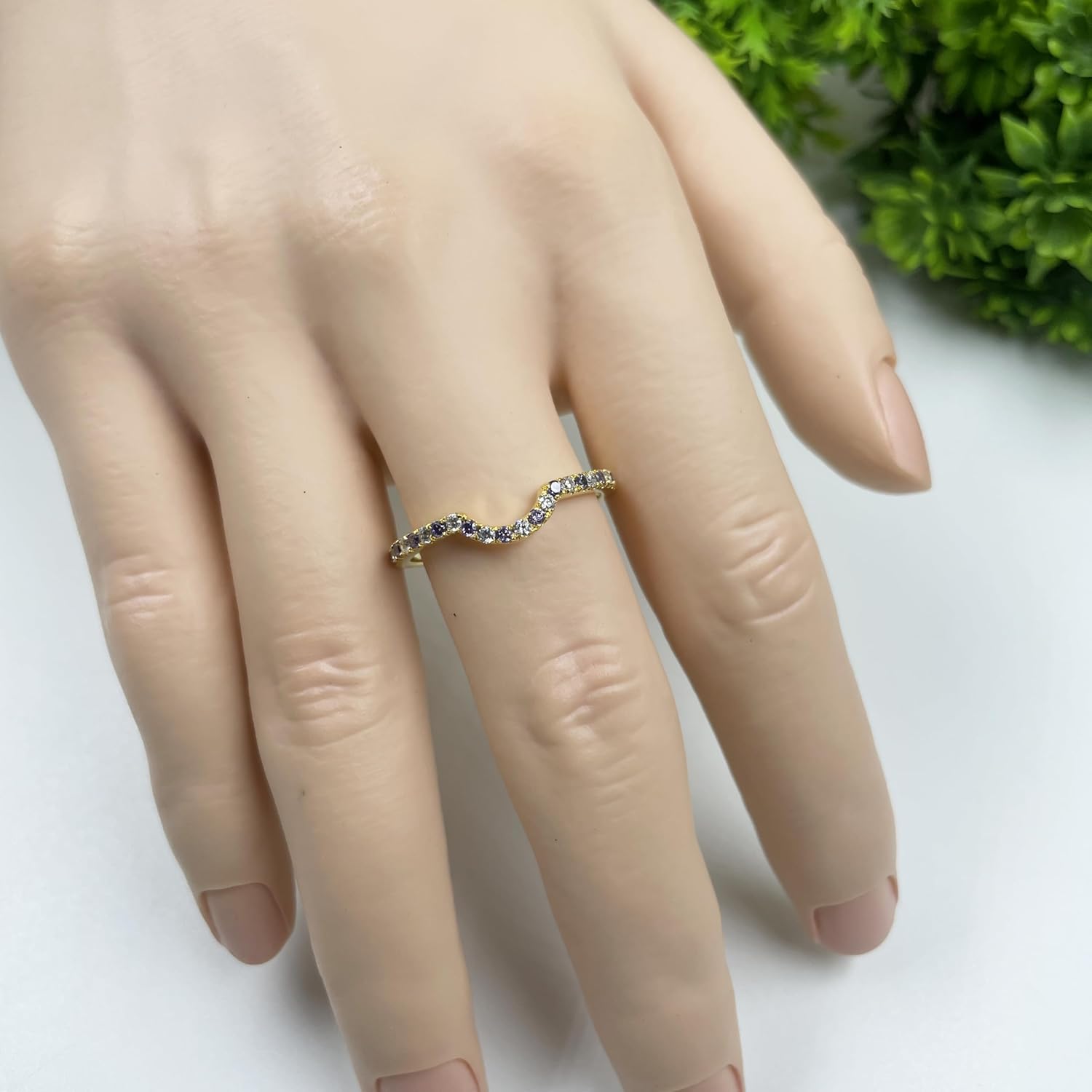 Alternate Round Cut Amethyst & White Diamond Chevron Curved Wedding Anniversary Matching Band For Women, 14K Gold Plated 925 Silver February Birthstone Amethyst Coutour Ring