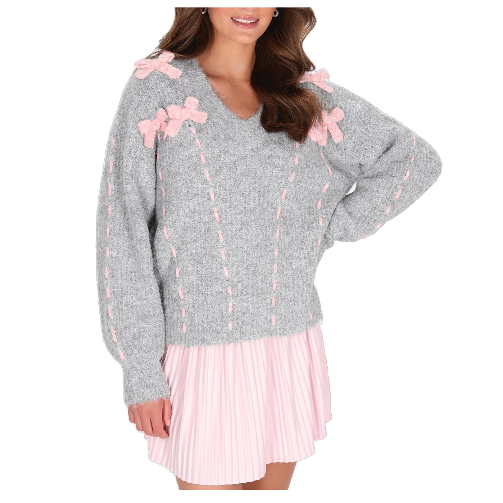 Women Cute Bow Sweater Long Sleeve Bow Front Knitted Pullover Ribbon Lace Up Cable Jumper Knitwear Going Out